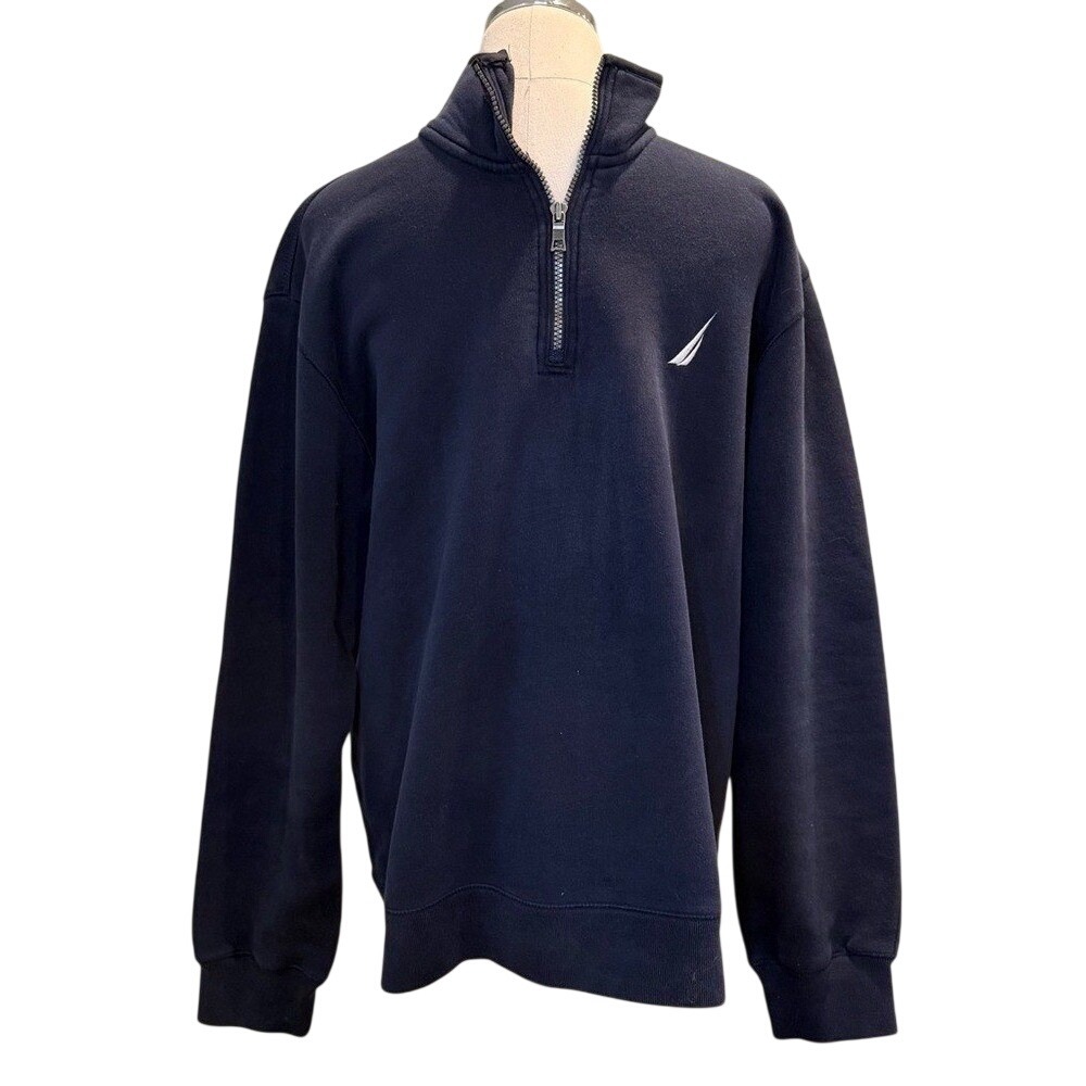 Nautica Men's Quarter‎ Zip Cotton Pullover Navy Blue Logo Collar - size Large